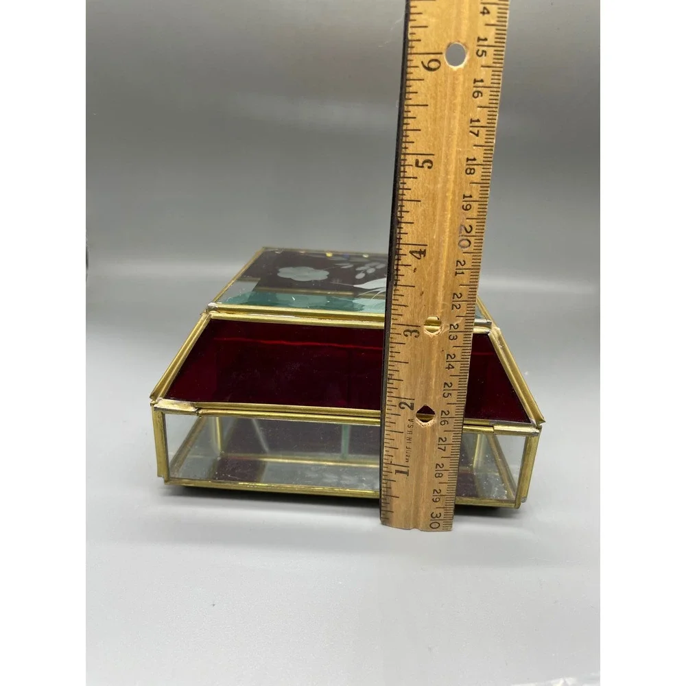 Vintage Red Stained Glass Brass Jewelry Box Etched‎ Hummingbird Floral Mirror